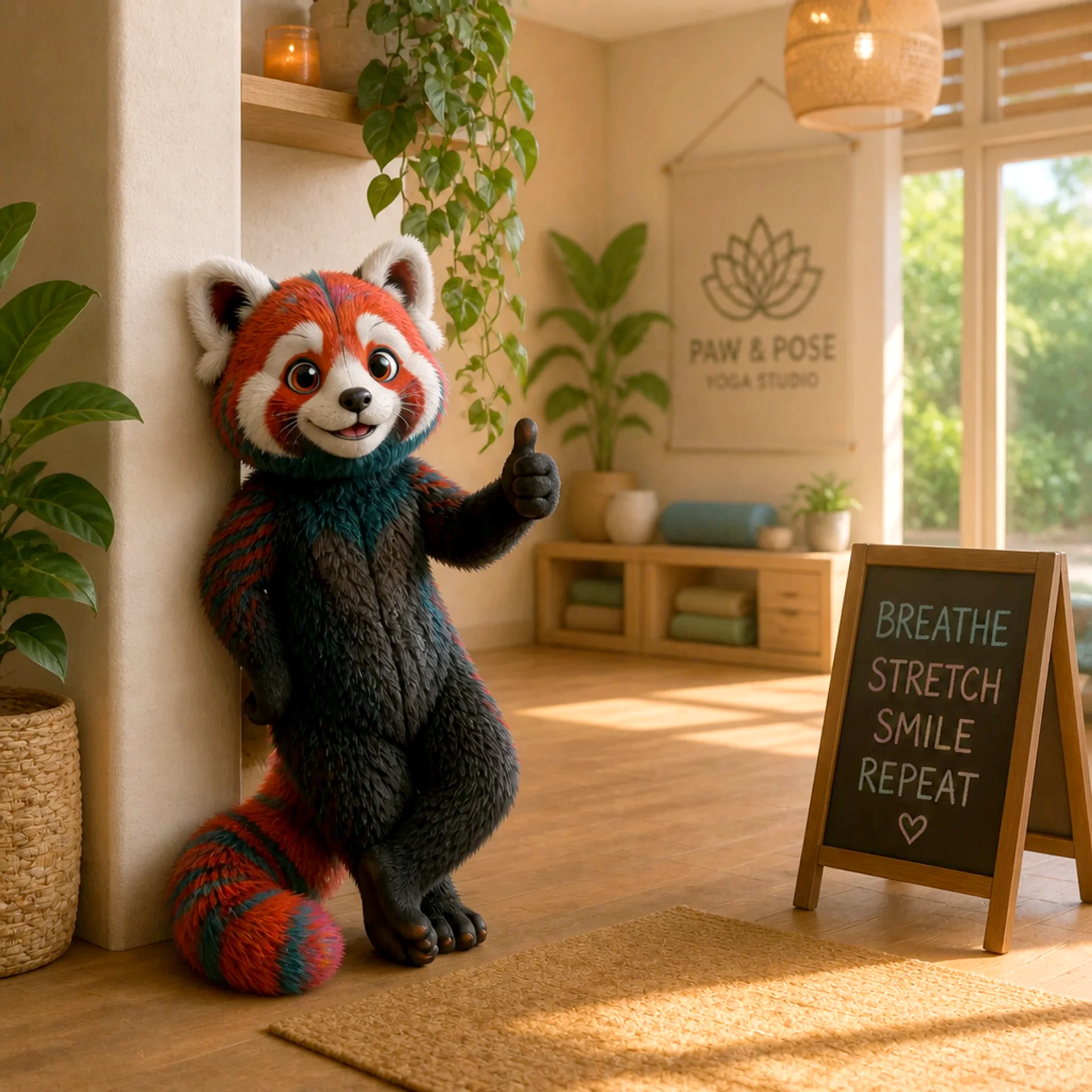 Samimi bir yoga stüdyosu resepsiyonunda başparmağını kaldıran panda