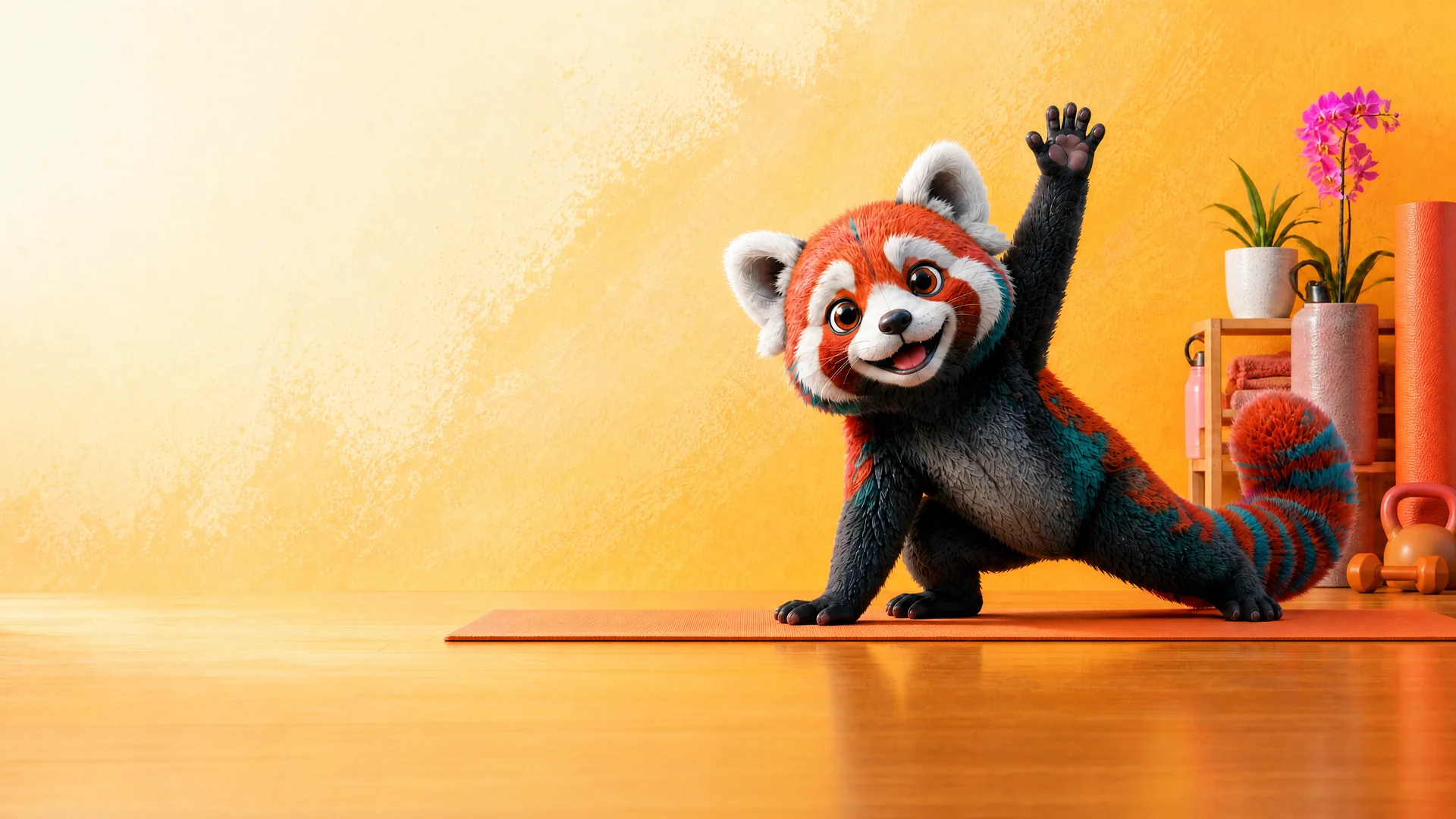 Aydınlık bir stüdyoda turuncu mat üzerinde yoga yapan kızıl panda