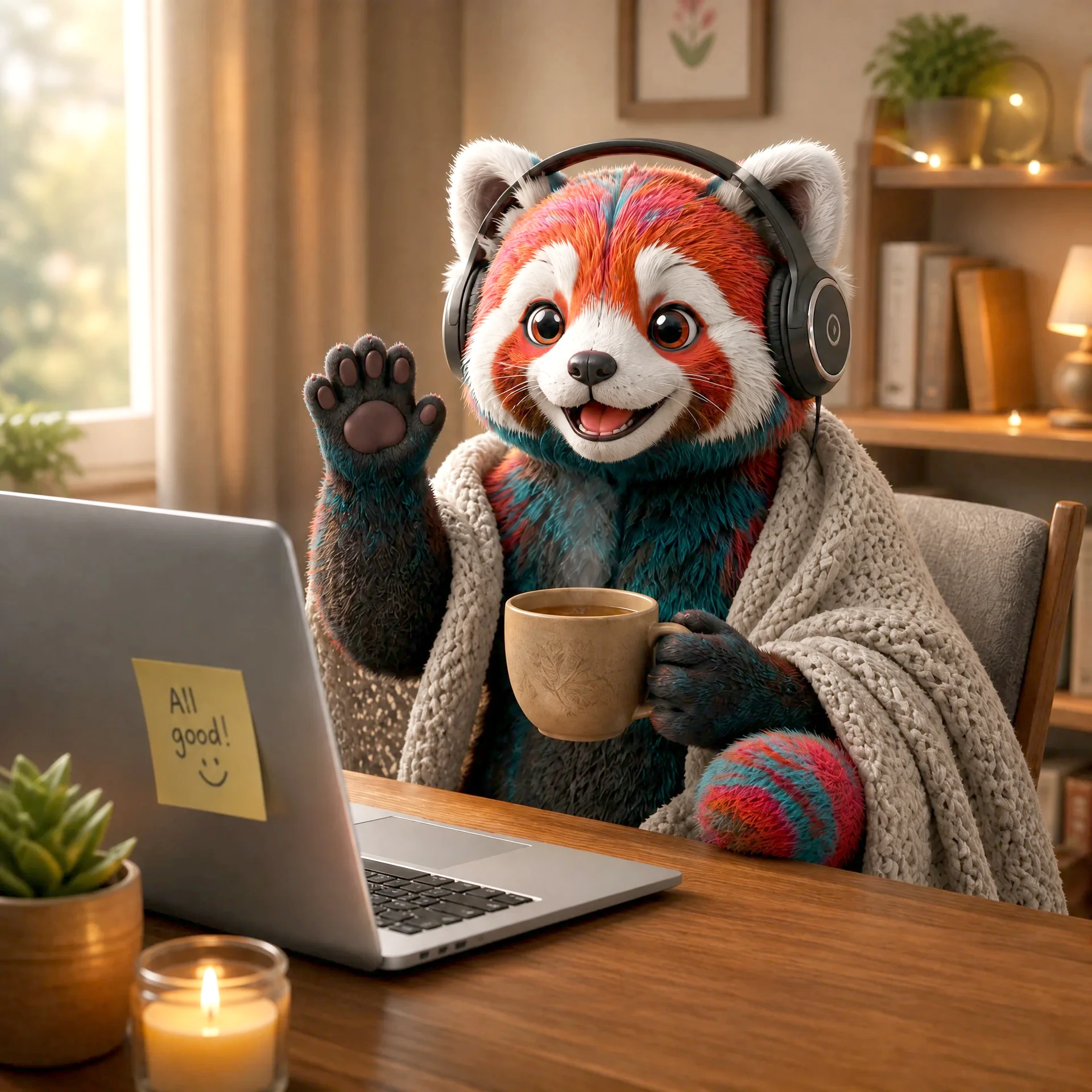 Battaniyeye sarılmış, çay içen ve destek kulaklığı takan panda