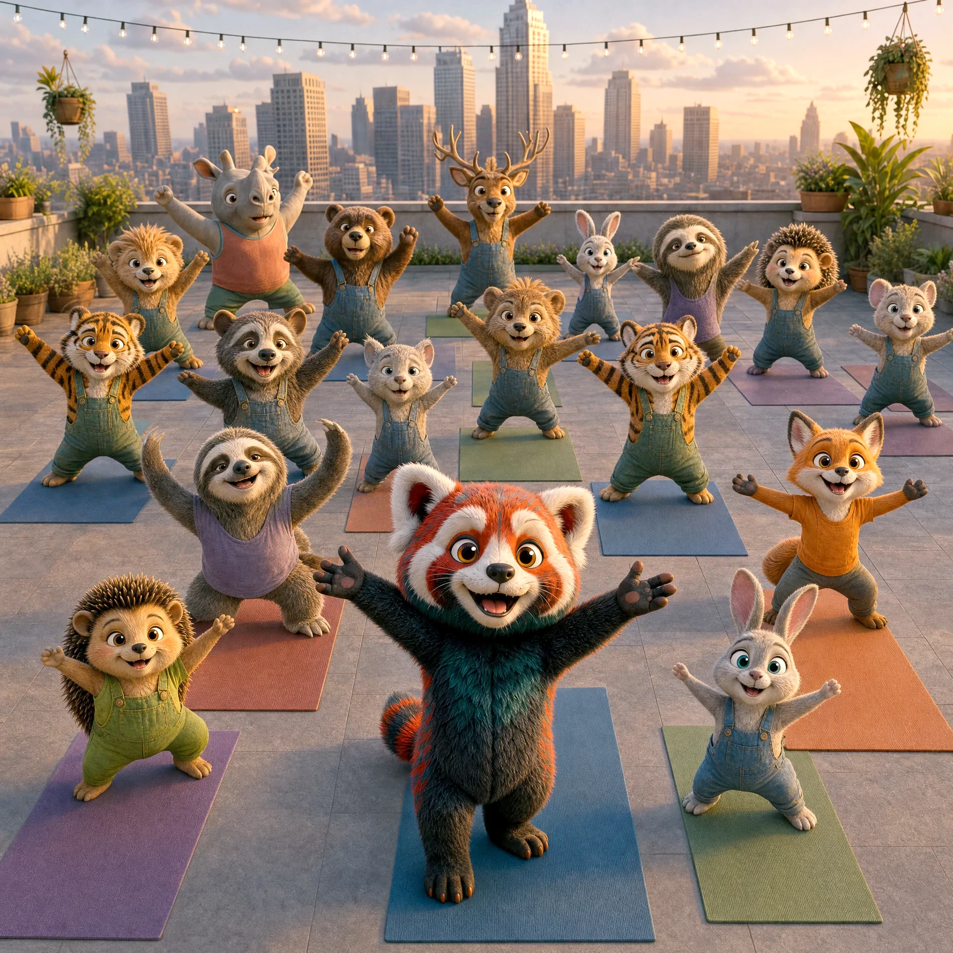 Çatıda kalabalık bir yoga dersini yöneten mutlu panda