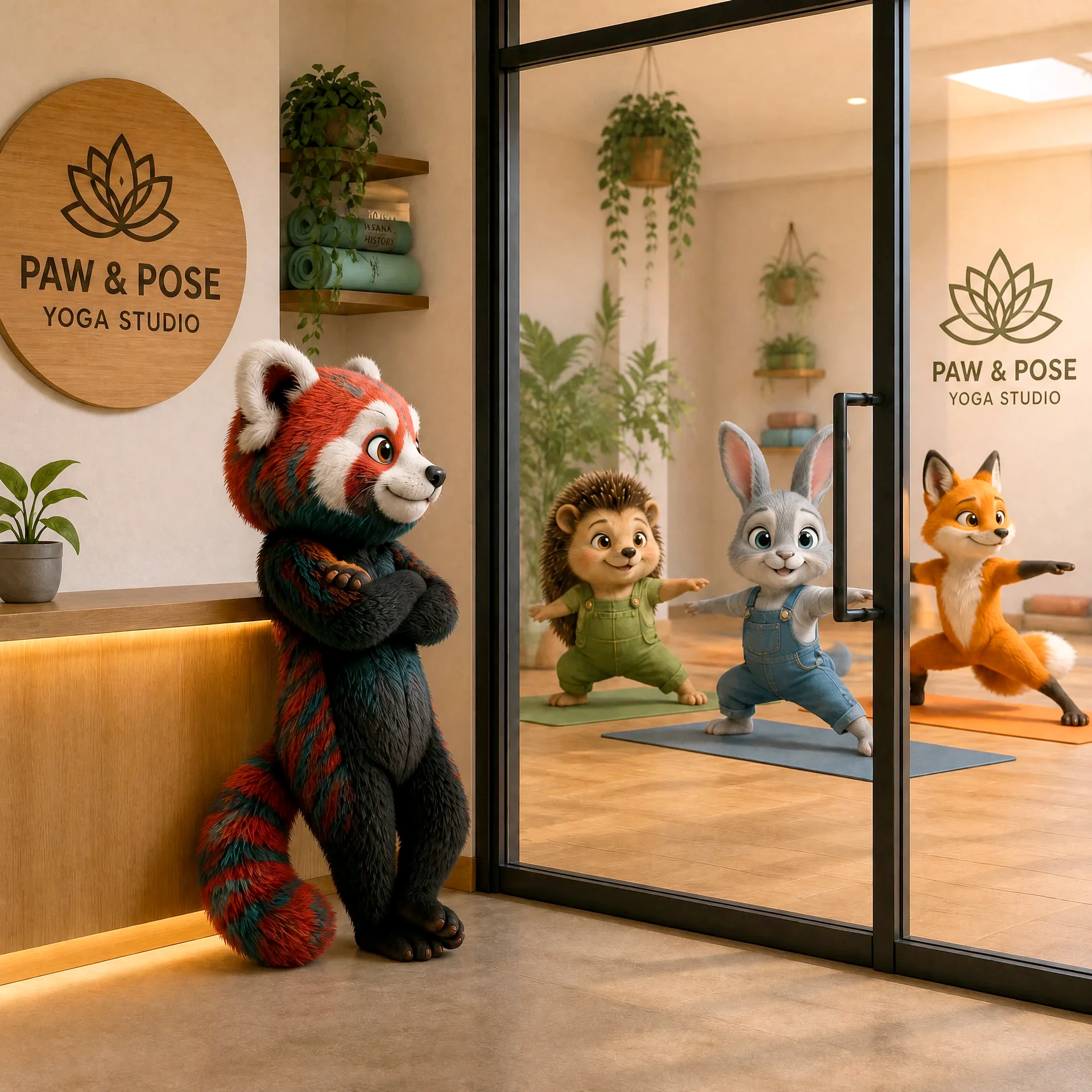 Ders devam ederken yoga stüdyosunun resepsiyonundaki panda
